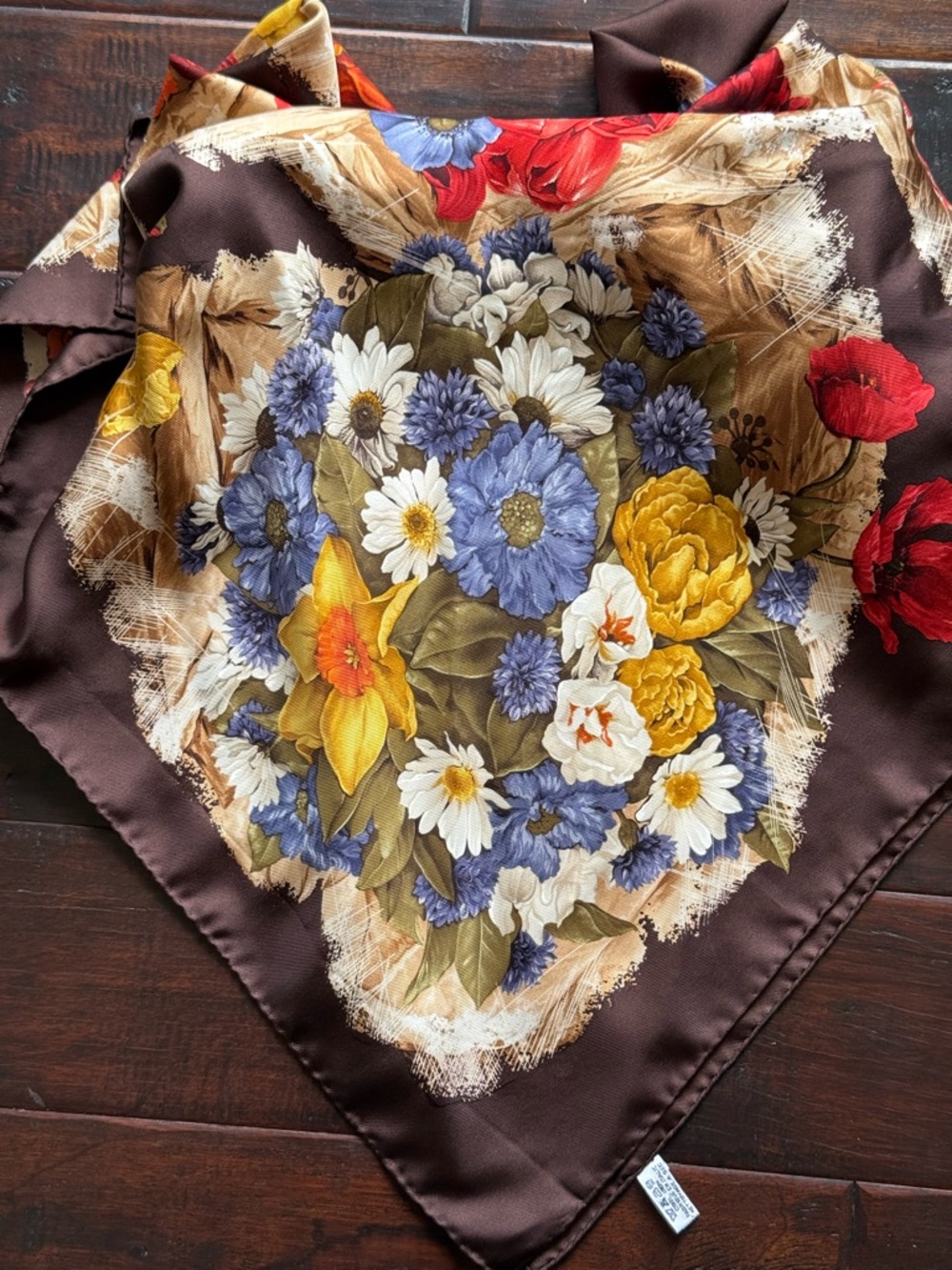Vintage Mantero Collection VIII Silk Scarf florals on chocolate Brown - Picture 7 of 9